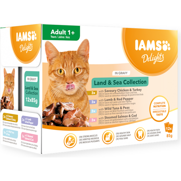 IAMS Delights Land & Sea Collection kastikkeessa kissan märkäruoka 12 x 85 g
