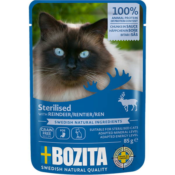 Bozita Indoor & Sterilised poro kastikkeessa kissan märkäruoka 85 g