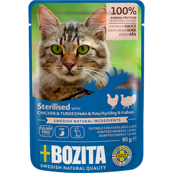 Bozita Indoor & Sterilised kana-kalkkuna kastikkeessa kissan märkäruoka 85 g